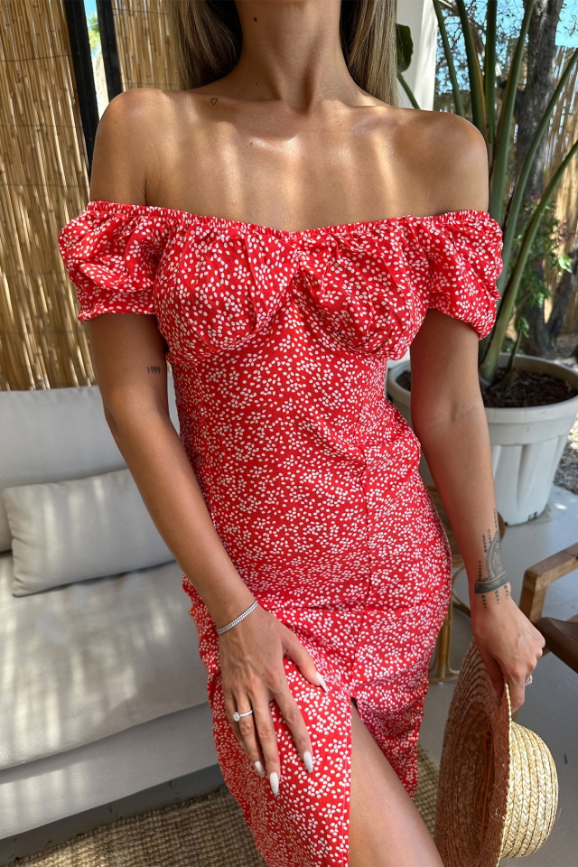 Kırmızı Yırtmaç Detay Uzun Elbise ATE7496 - 2