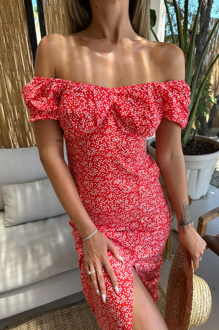 Kırmızı Yırtmaç Detay Uzun Elbise ATE7496 - EYYO