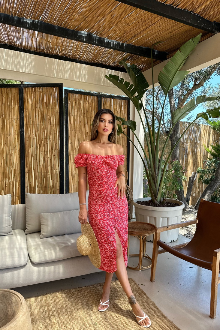 Kırmızı Yırtmaç Detay Uzun Elbise ATE7496 - EYYO