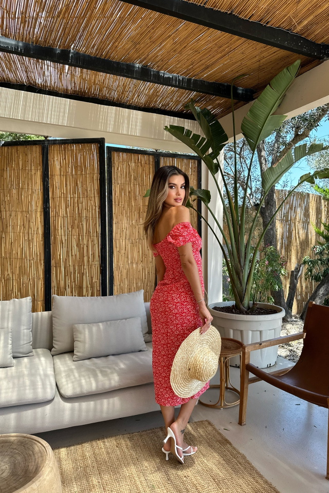 Kırmızı Yırtmaç Detay Uzun Elbise ATE7496 - 5