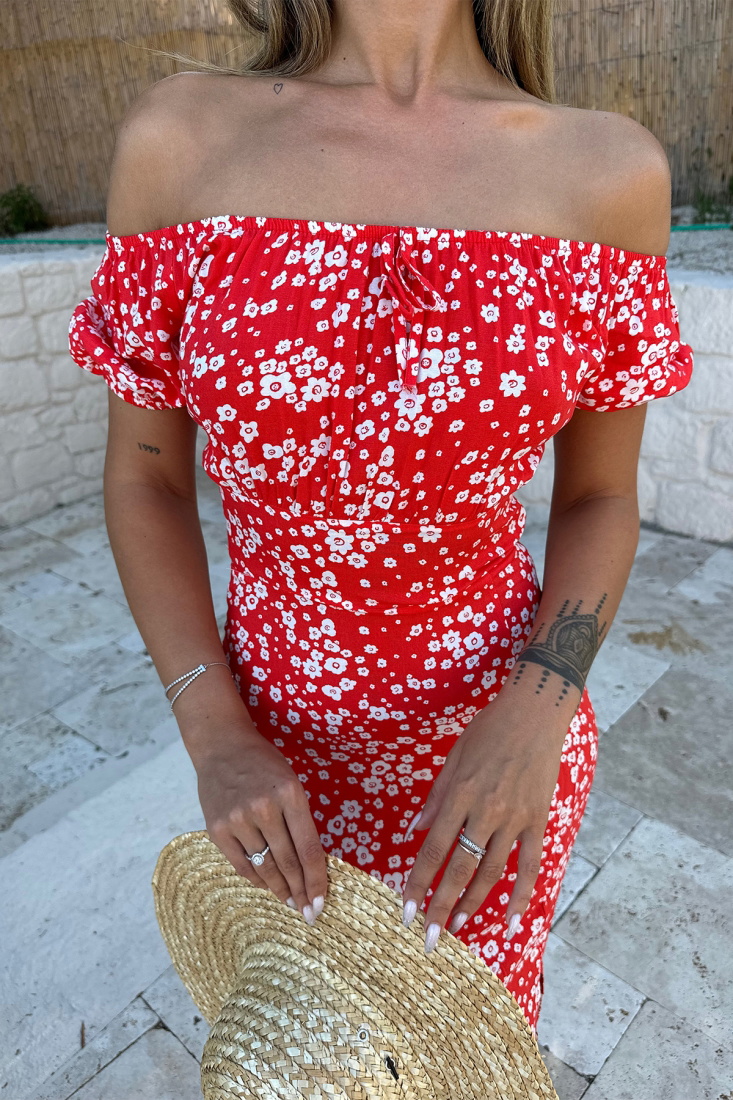 Kırmızı Yırtmaç Detay Uzun Elbise ATE7509 - EYYO