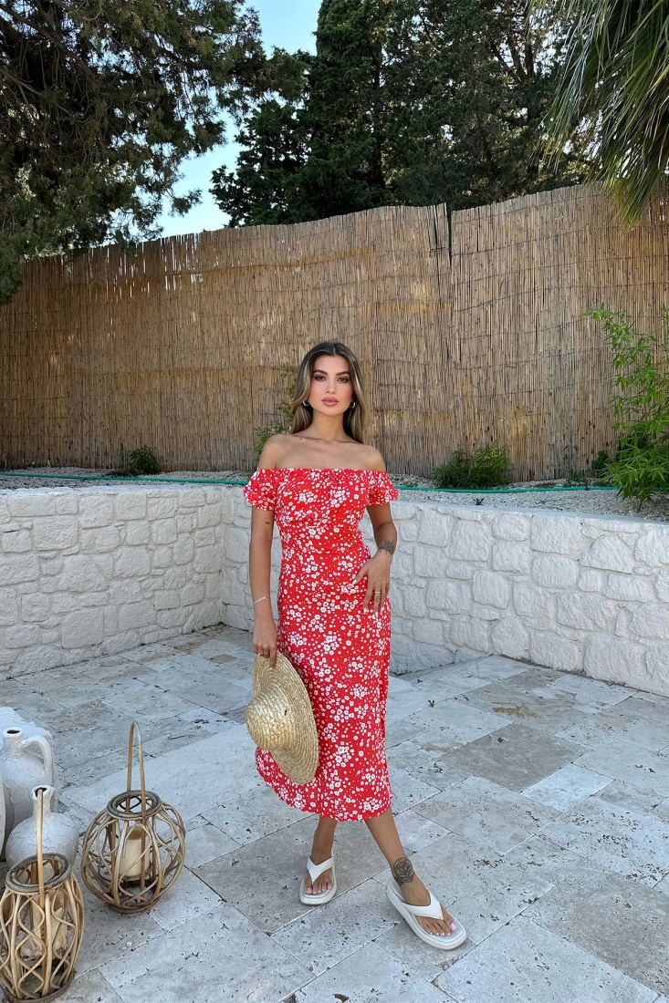 Kırmızı Yırtmaç Detay Uzun Elbise ATE7509 - EYYO