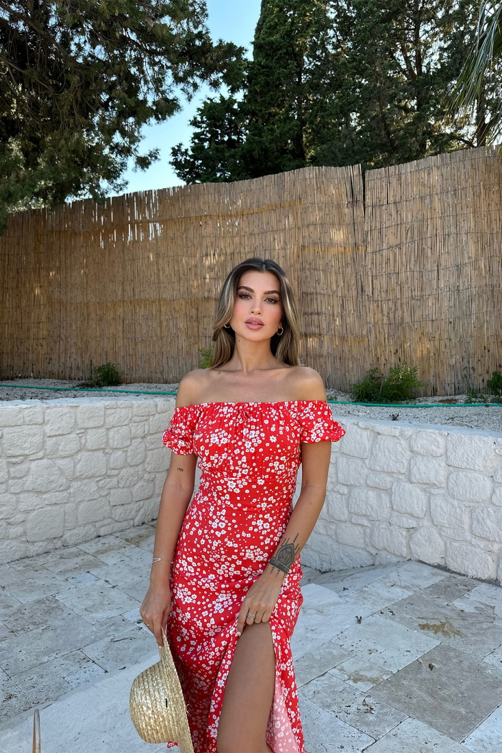 Kırmızı Yırtmaç Detay Uzun Elbise ATE7509 - EYYO