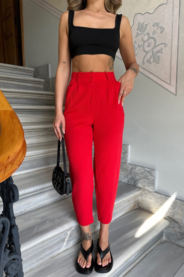 Kırmızı Yüksek Bel Mom Pantolon ATE6293 - 2
