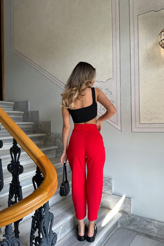 Kırmızı Yüksek Bel Mom Pantolon