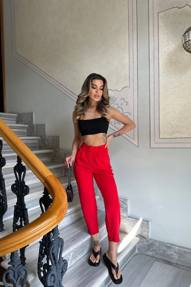 Kırmızı Yüksek Bel Mom Pantolon ATE6293 - 