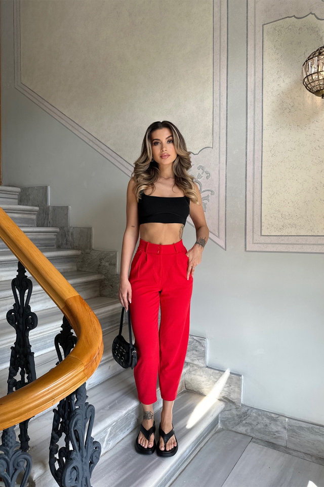 Kırmızı Yüksek Bel Mom Pantolon
