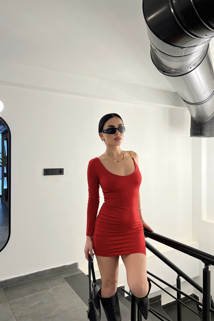 Kırmızı Zincir Detay Mini Elbise ATE3738 - EYYO