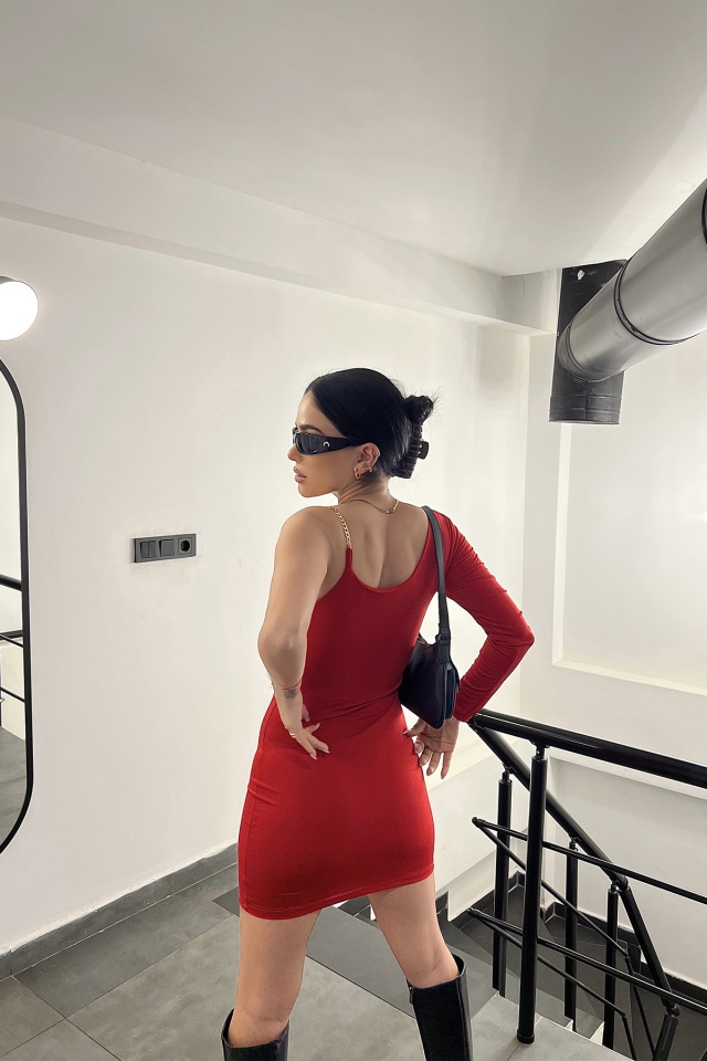 Kırmızı Zincir Detay Mini Elbise ATE3738 - 5