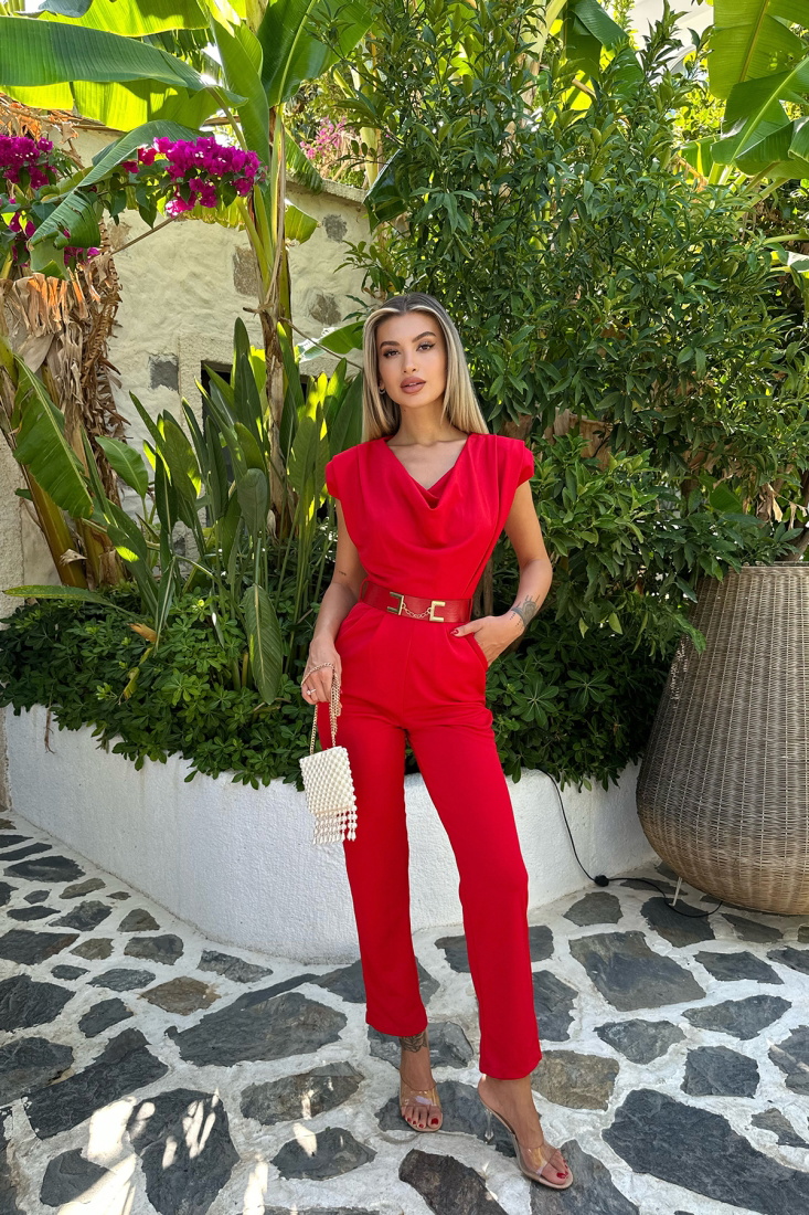 Kırmızı Zincir Kemerli Tulum ATE7713 - EYYO