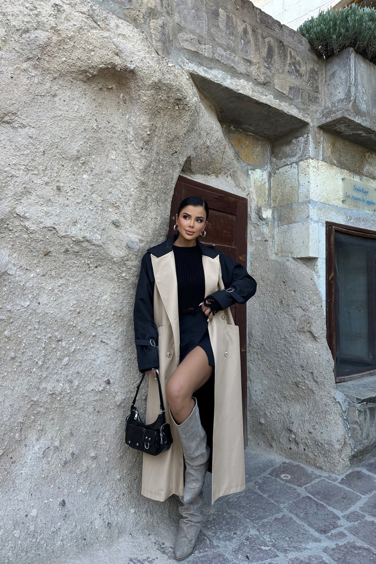 Kolları Kemerli Çift Renk Trenckot ATE8655 - EYYO TOPTAN