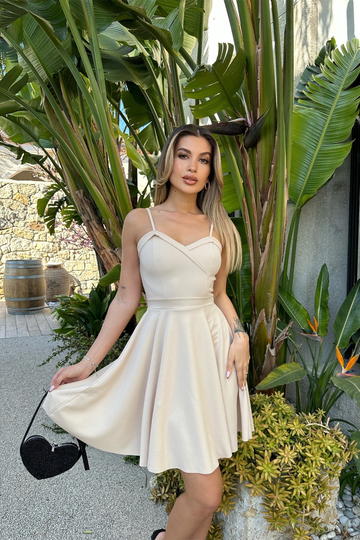 Krem Askılı Mini Elbise ATE4871 - EYYO