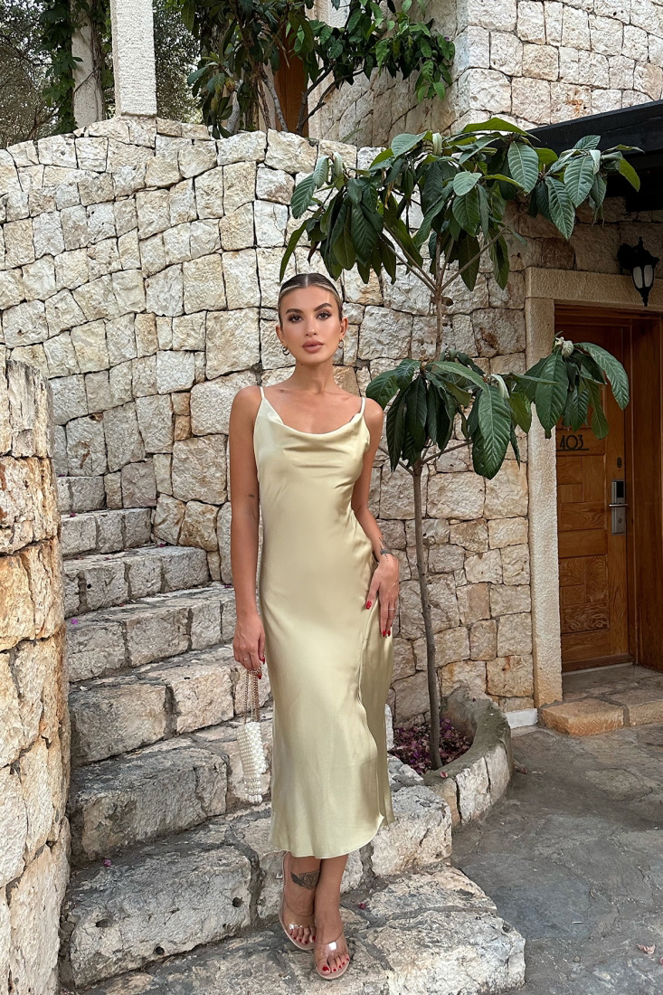 Krem Askılı Saten Elbise ATE7808 - EYYO