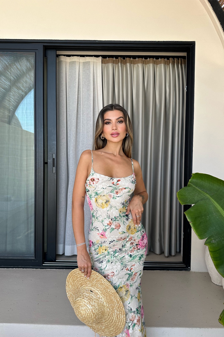 Krem Askılı Uzun Elbise ATE7468 - EYYO