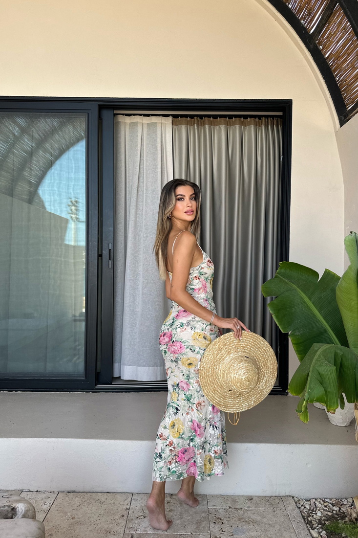 Krem Askılı Uzun Elbise ATE7468 - EYYO