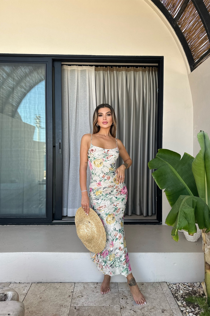 Krem Askılı Uzun Elbise ATE7468 - EYYO