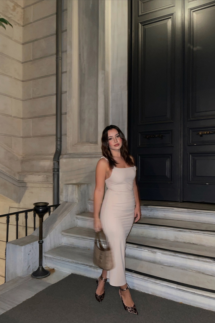 Krem Askılı Uzun Elbise ATE2348 - EYYO