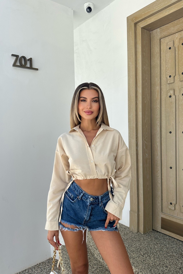 Krem Bağlamalı Crop Top