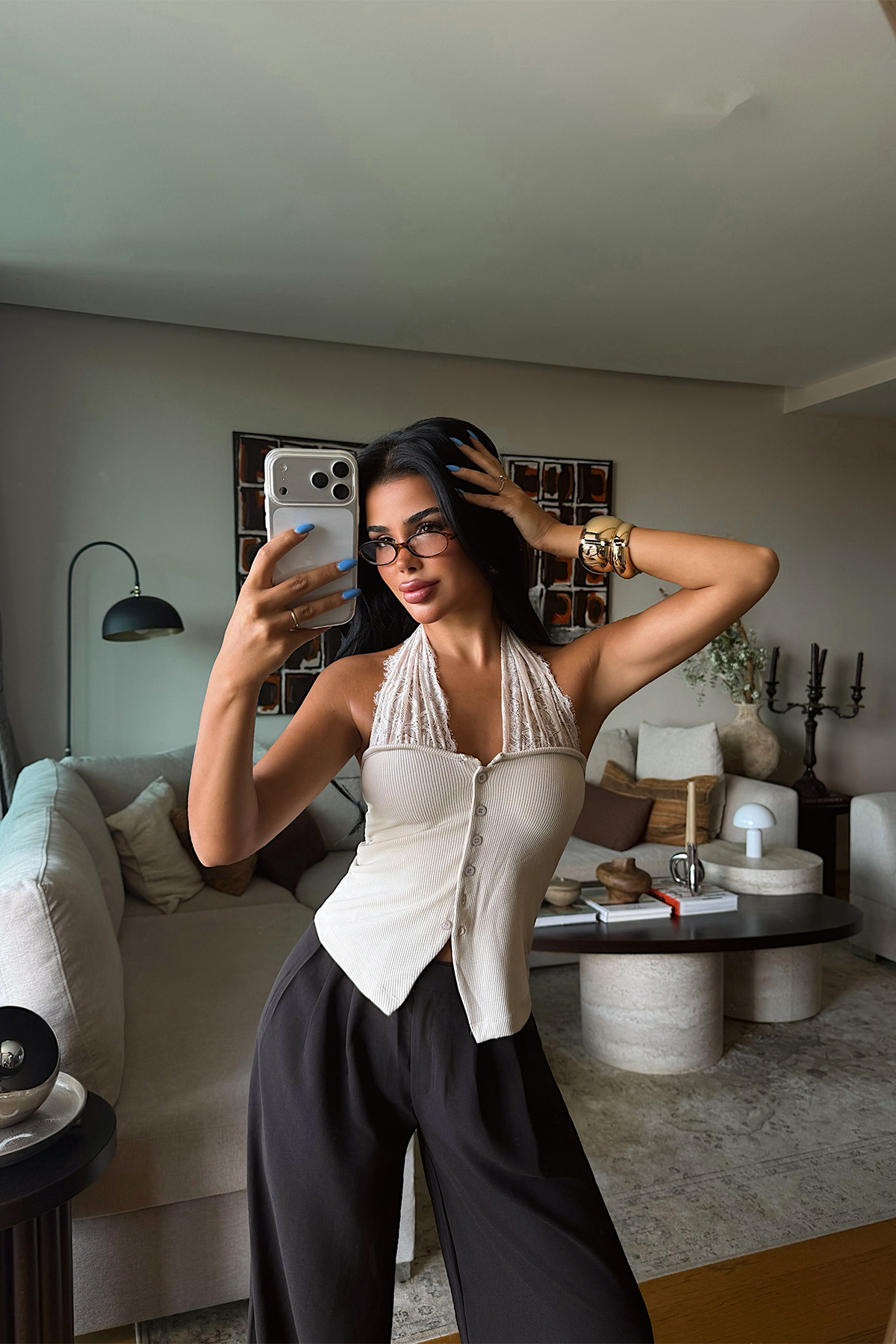 Krem Bağlamalı Dantel Detay Crop Top - 3