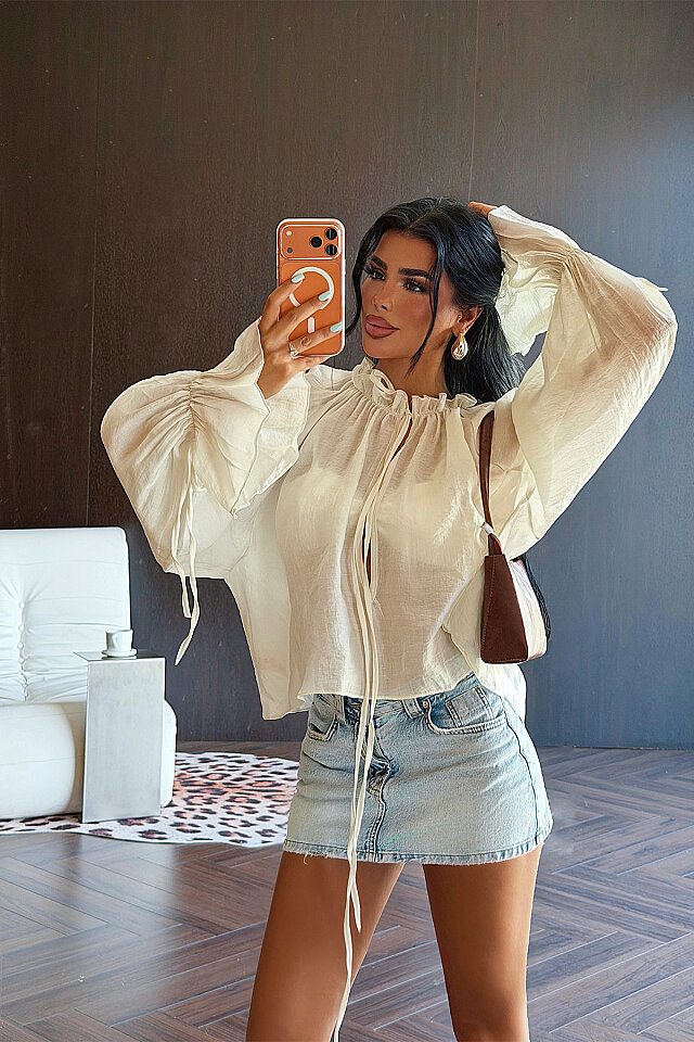 Krem Gite Bağlamalı Bluz