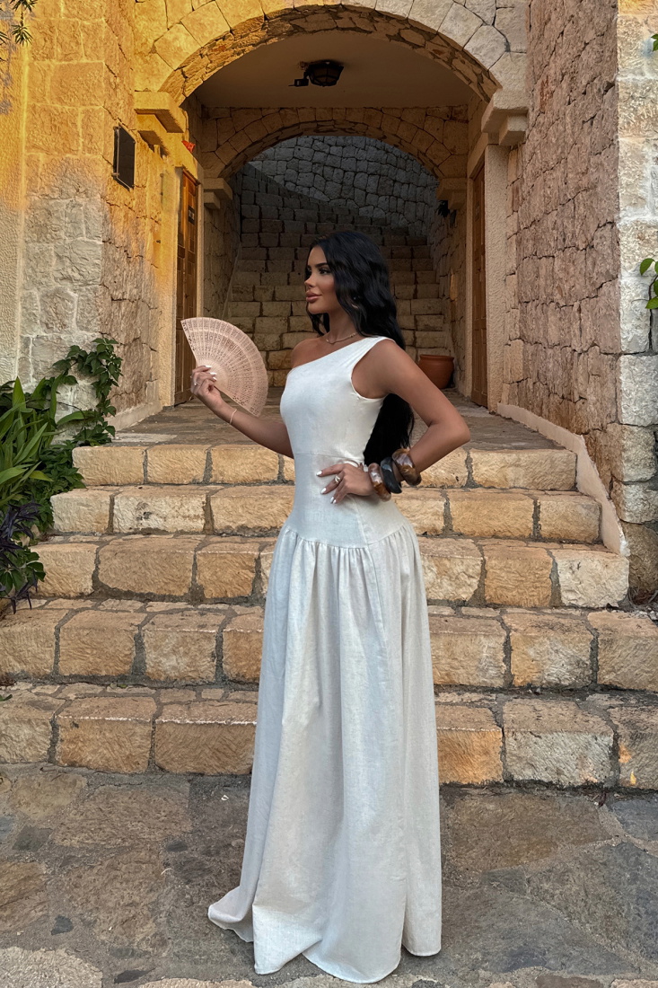 Krem Helena Keten Elbise ATE-1472 - EYYO