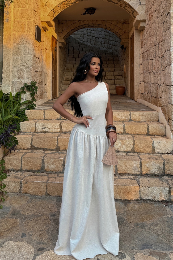 Krem Helena Keten Elbise ATE-1472 - EYYO