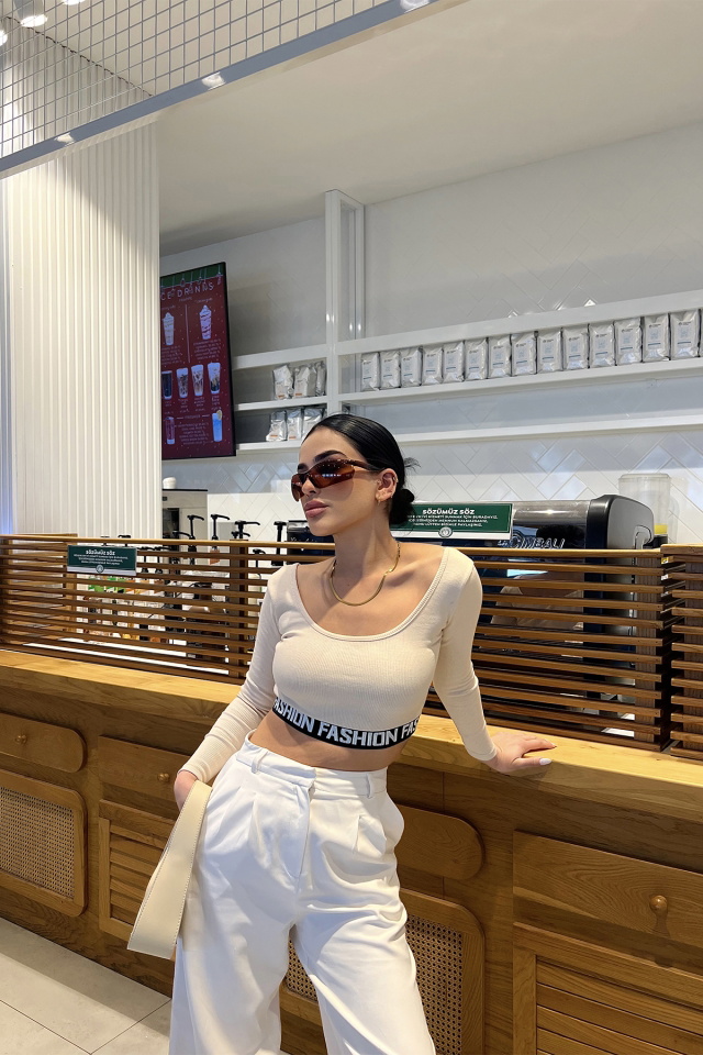 Krem Baskılı Crop Top ATE3811 - 1