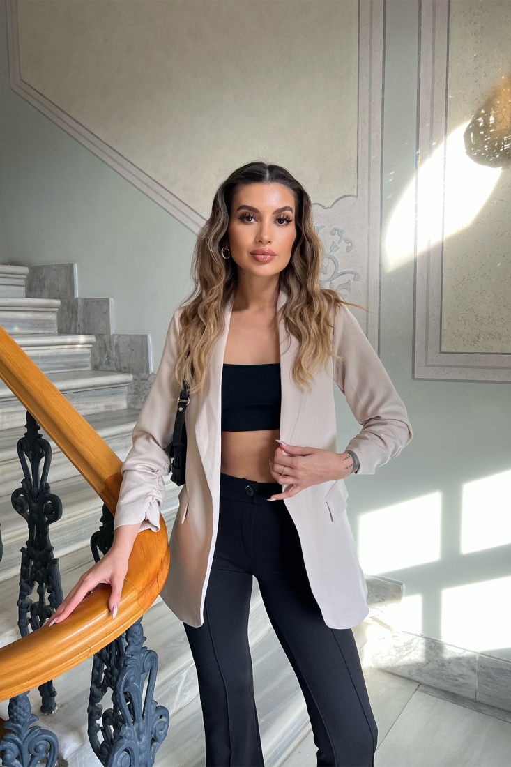 Krem Blazer Kruvaze Yaka Ceket ATE4363 - EYYO