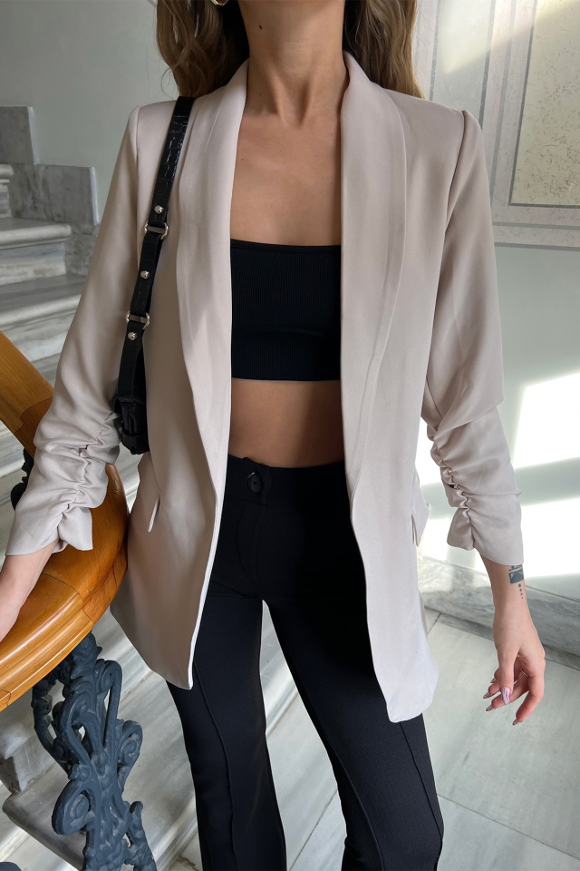 Krem Blazer Kruvaze Yaka Ceket ATE4363 - 2