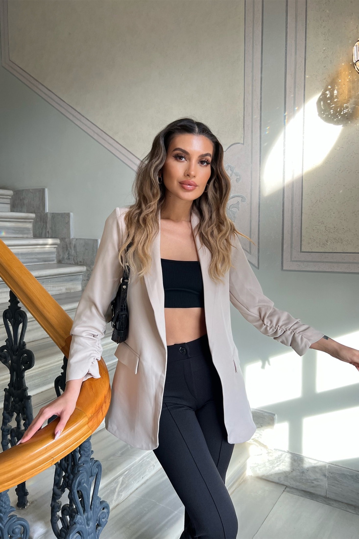 Krem Blazer Kruvaze Yaka Ceket ATE4363 - EYYO