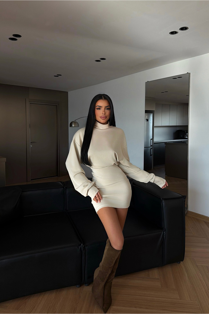 Krem Liora Dik Yaka Mini Elbise ATE-4326 - EYYO