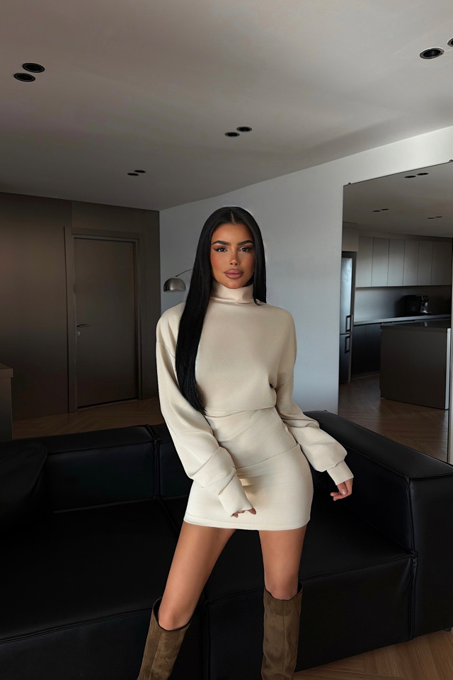 Krem Liora Dik Yaka Mini Elbise ATE-4326 