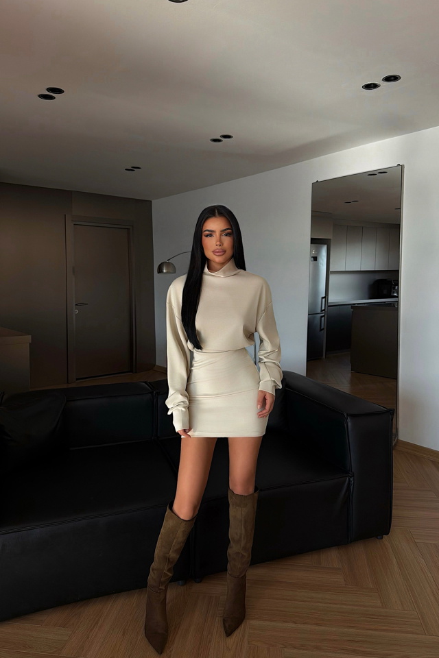 Krem Liora Dik Yaka Mini Elbise ATE-4326 - 2