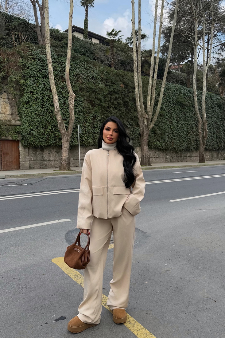 Krem Davide Çizgili Takım ATE-2054 - EYYO