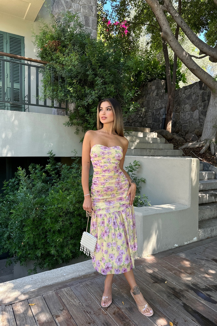 Krem Çiçek Desen Straplez Elbise ATE7387 - EYYO