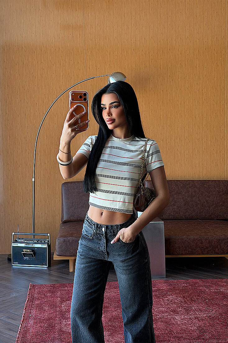Krem Çizgili Crop Top ATE-5499 - EYYO