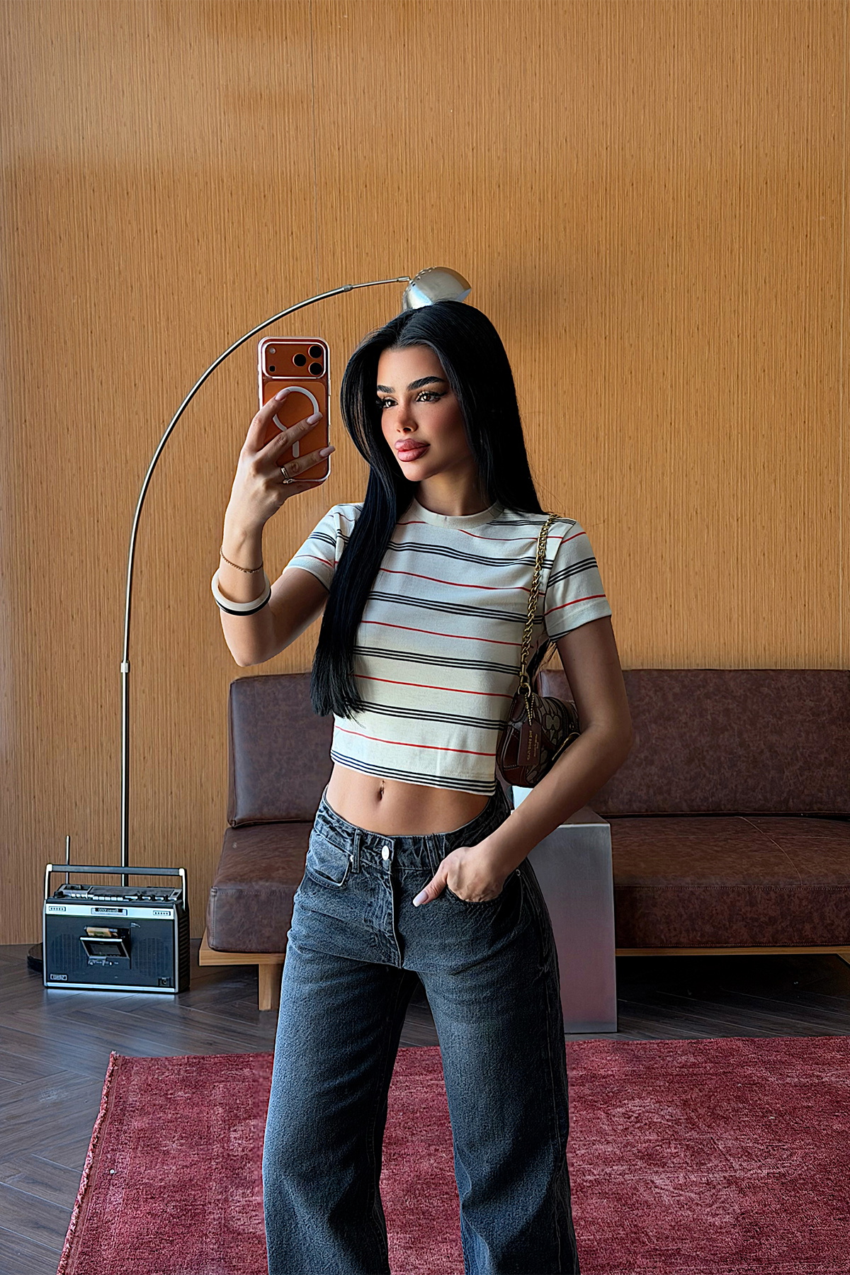 Krem Çizgili Crop Top - 1