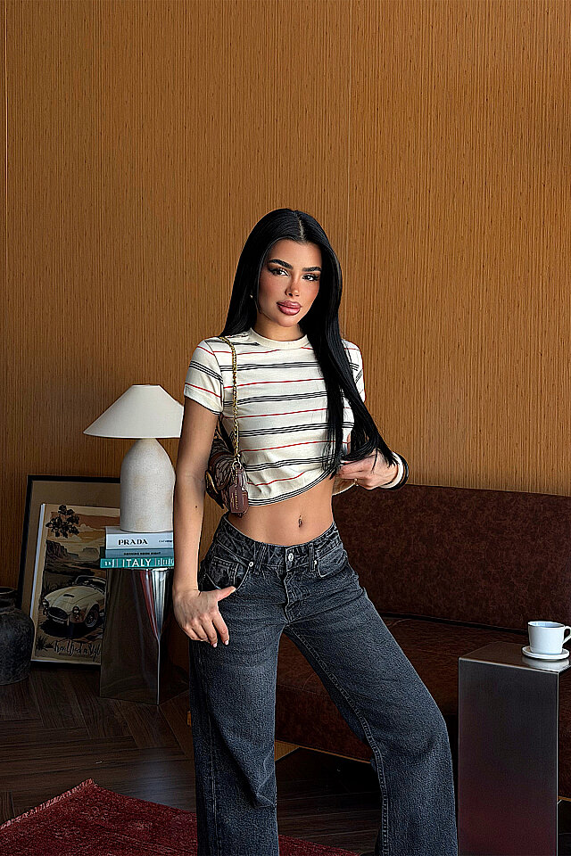 Krem Çizgili Crop Top
