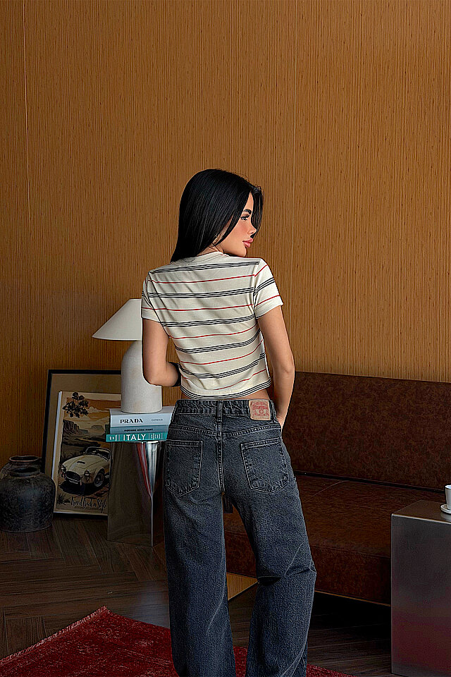 Krem Çizgili Crop Top