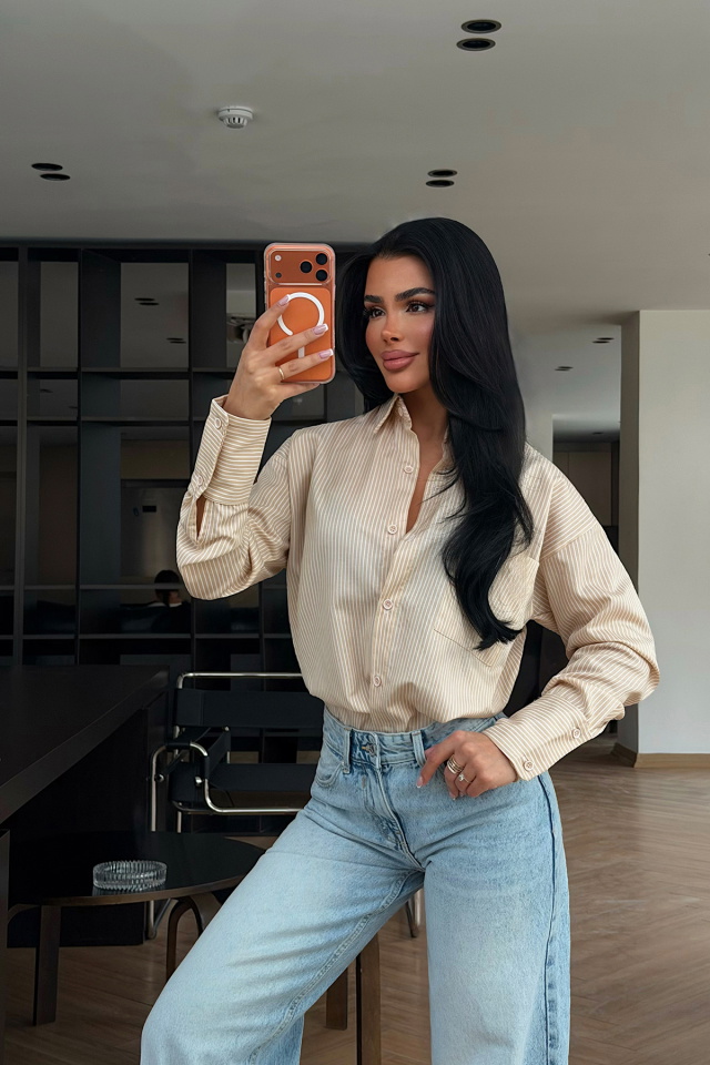 Krem Romi Çizgili Gömlek ATE-2482 