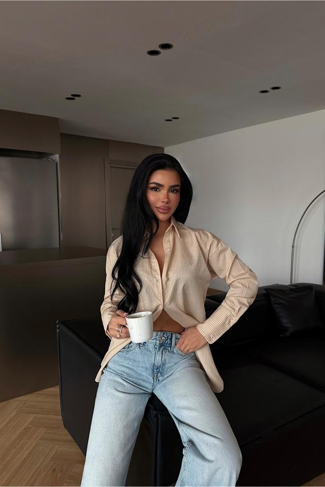 Krem Romi Çizgili Gömlek ATE-2482 - 2