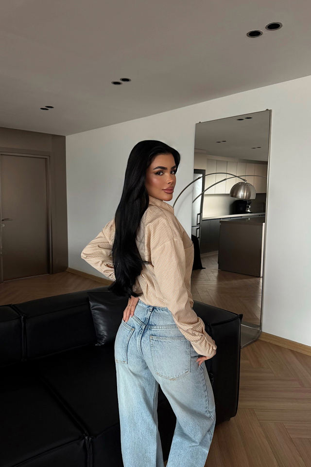 Krem Romi Çizgili Gömlek ATE-2482 - 4