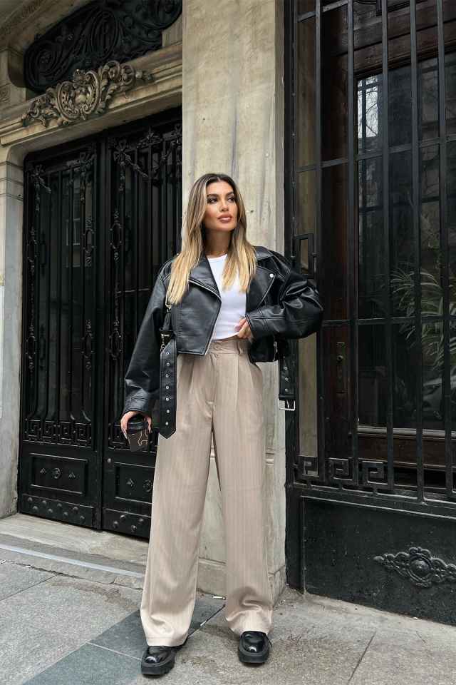 Krem Çizgili Palazzo Pantolon ATE4235 - 