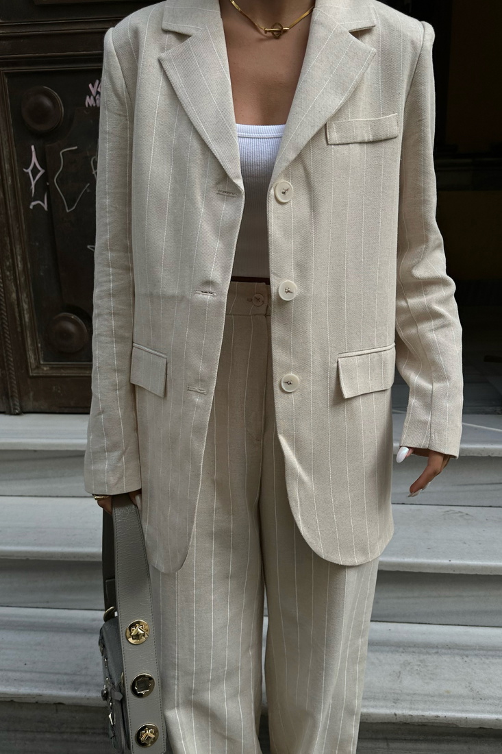 Krem Çizgili Pantolonlu Takım ATE8560 - EYYO