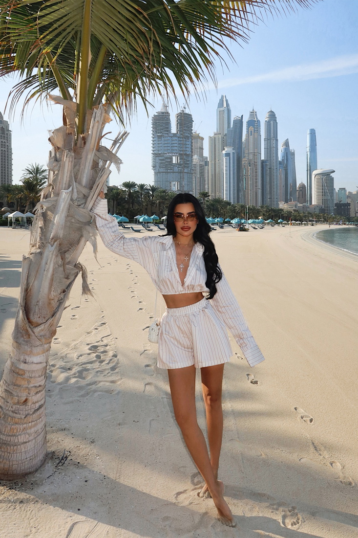 Krem Opaleye Çizgili Şortlu Gömlek Takım ATE-4692 - EYYO