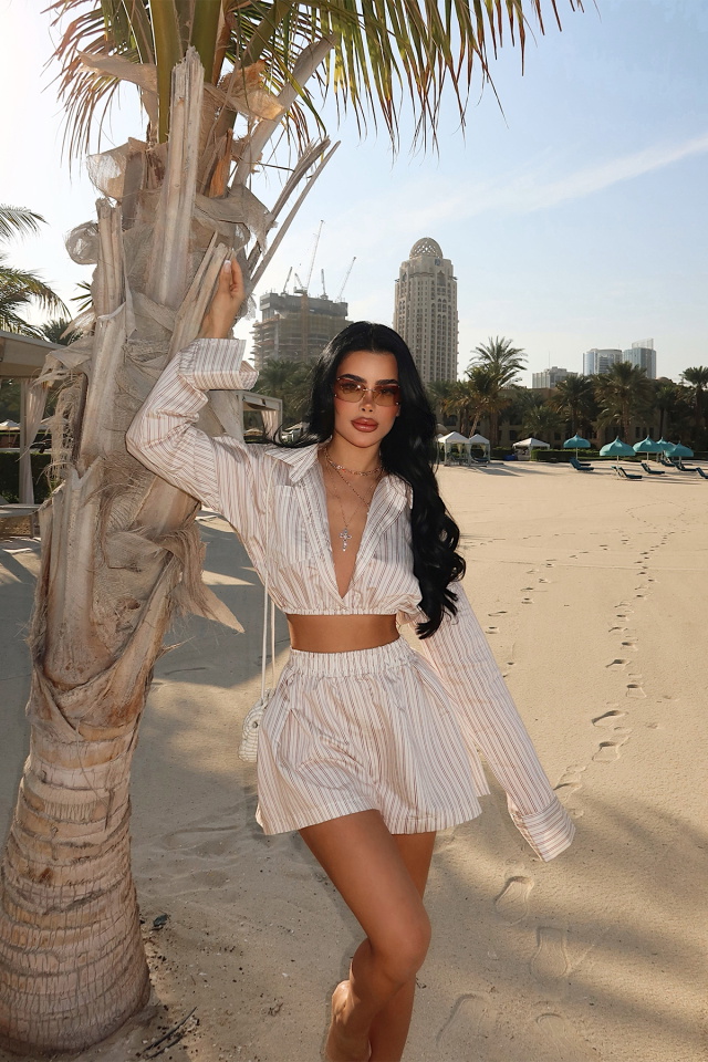 Krem Opaleye Çizgili Şortlu Gömlek Takım ATE-4692 - 2