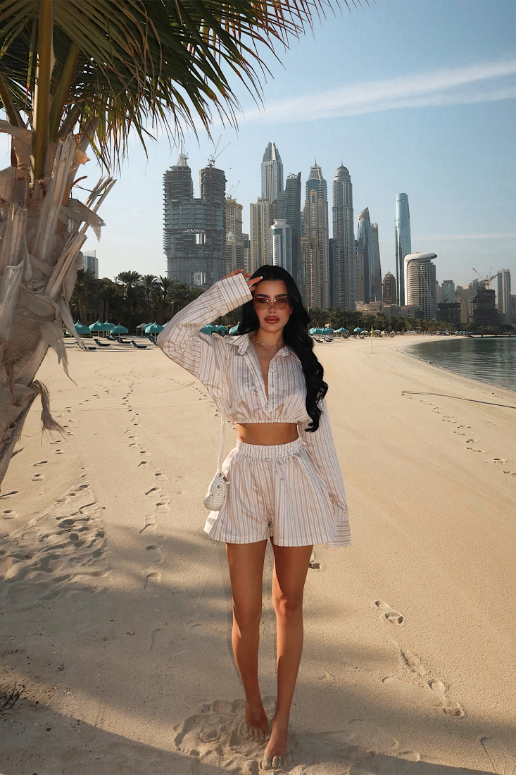 Krem Opaleye Çizgili Şortlu Gömlek Takım ATE-4692 - EYYO