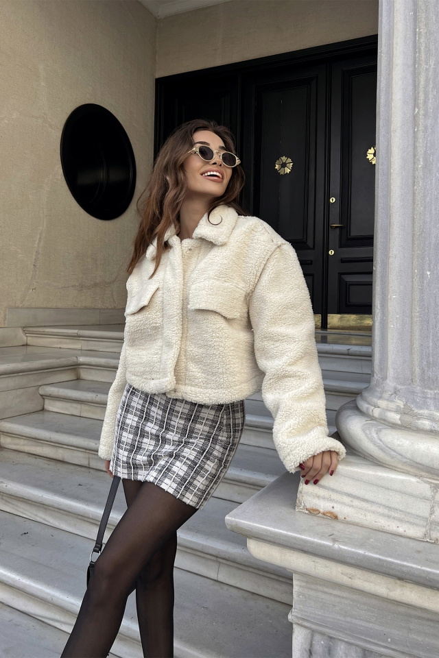 Krem Crop Peluş Ceket ATE2626 - 3