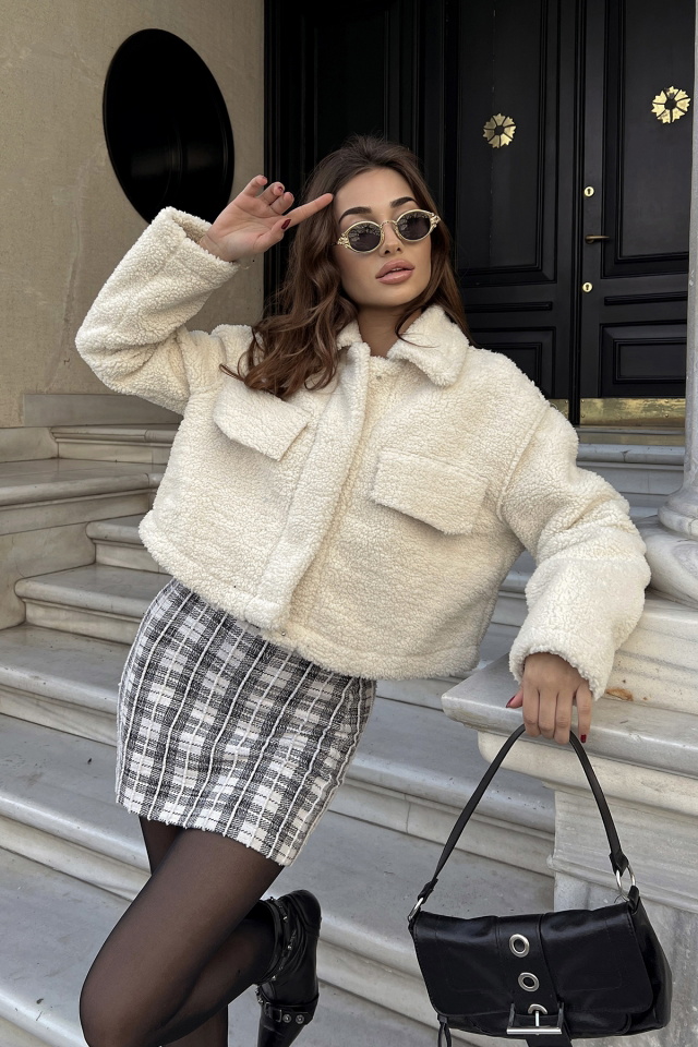 Krem Crop Peluş Ceket ATE2626 - 4