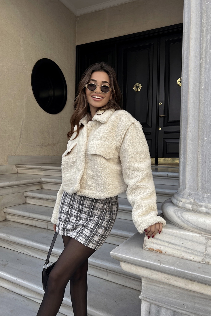 Krem Crop Peluş Ceket ATE2626 - EYYO
